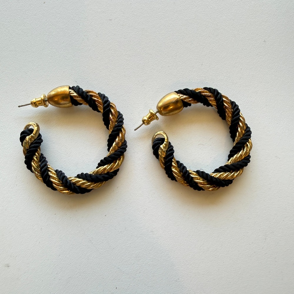Twisted Rope Hoop Earrings Gold Tone Black Cord Braided Post Back Statement
